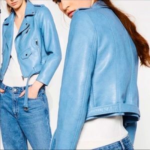 Zara Blue faux Leather moto jacket. Size Medium but fits like a small or Xsmall.